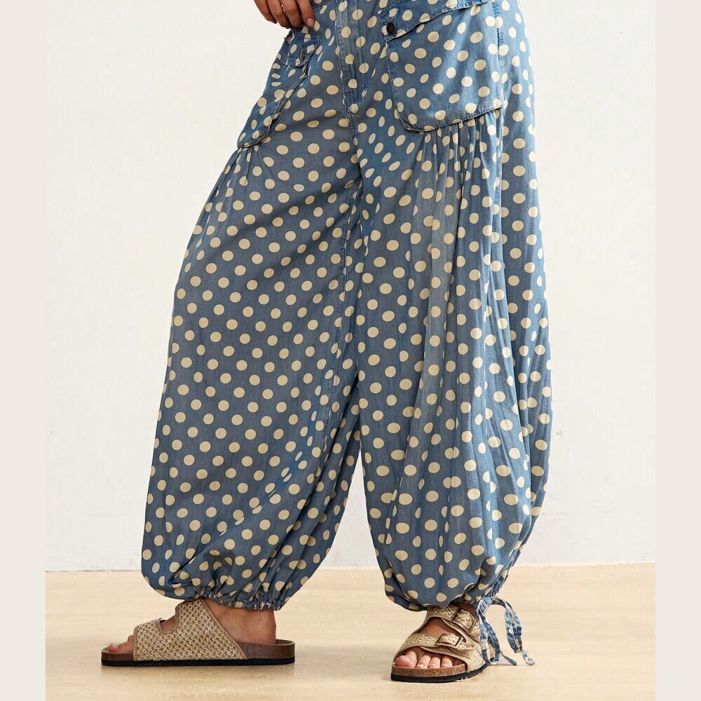 Blue Polka Dot Denim Flap Pocket Wide Balloon Leg Harem Pants